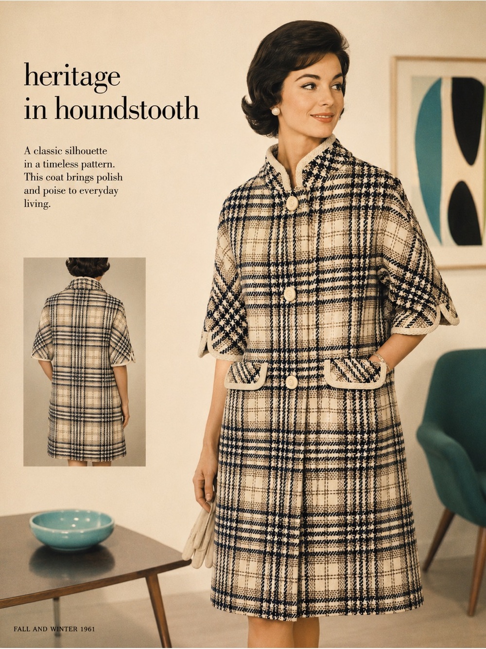 Vintage 1960s Houndstooth Plaid Wool Swing Coat Size L Union Label Mid Century